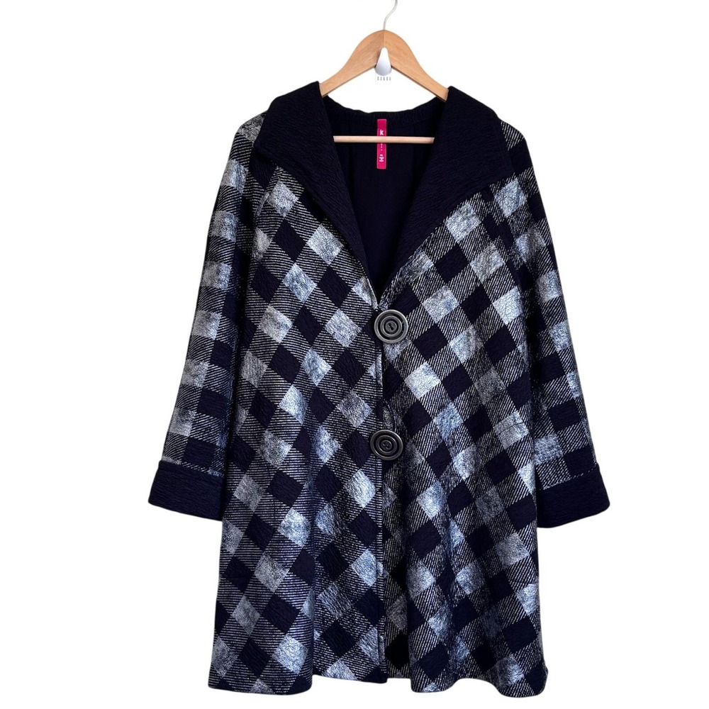 IC by Connie K Avant Garde Plaid Swing Jacket XL Black Silver Artsy Lagenlook